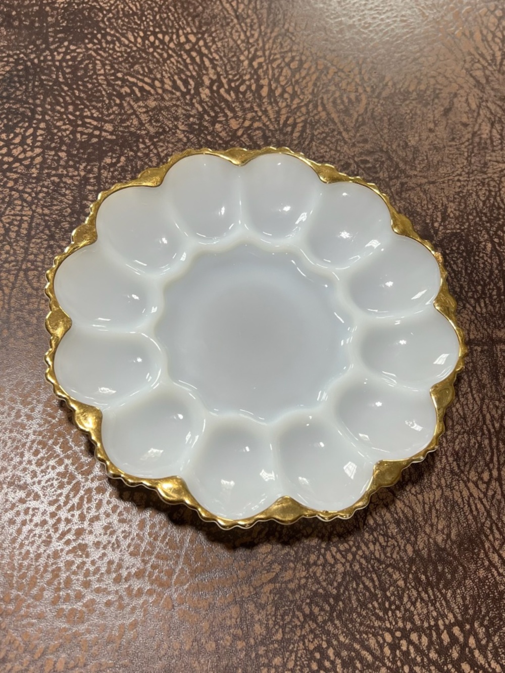 Vintage Anchor Hocking Milk Glass Deviled Egg Plate, Gold Trimmed